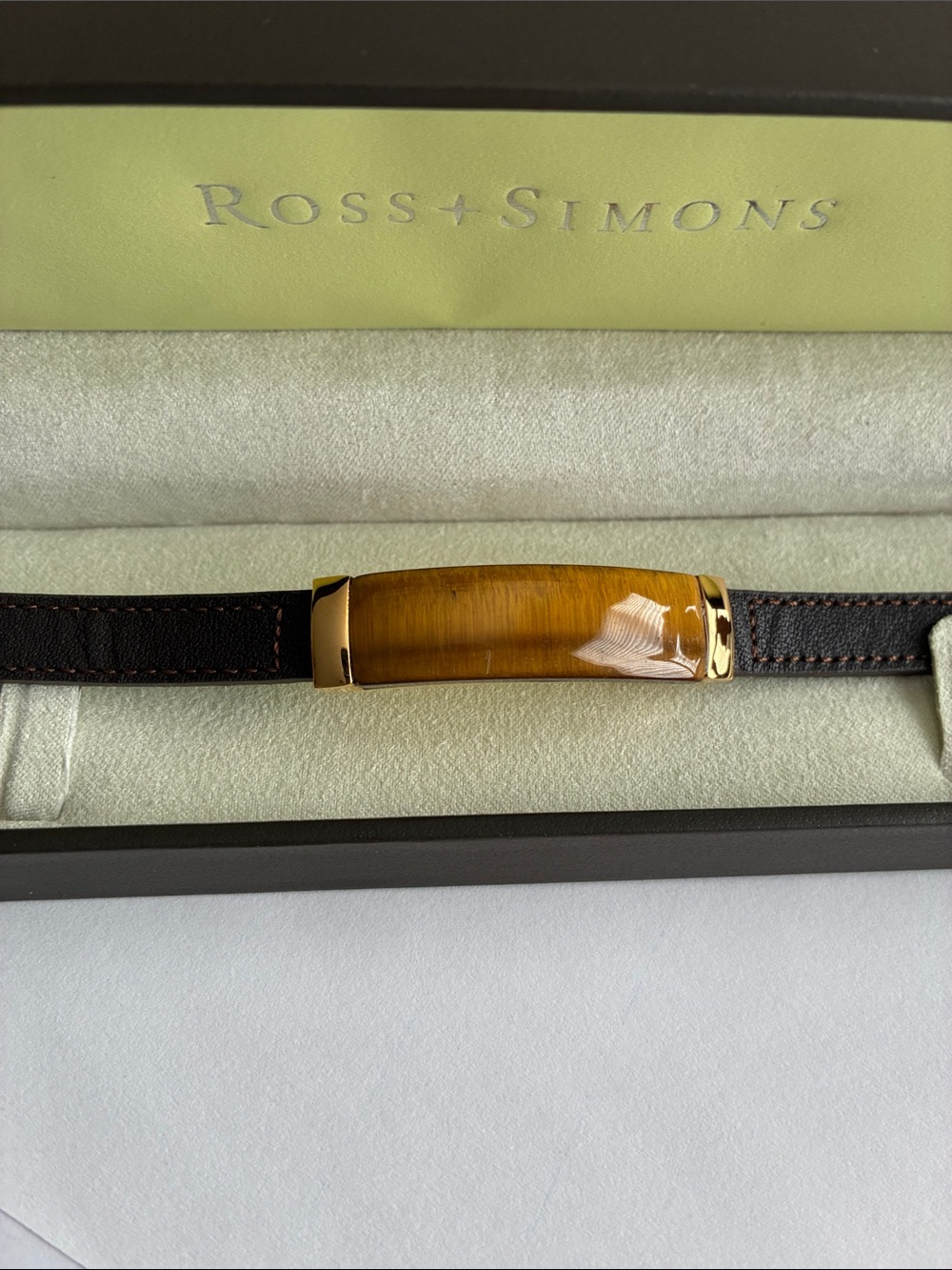 Ross-Simons Brown Leather ID Bracelet with Gold Accents and Tiger's Eye IOB